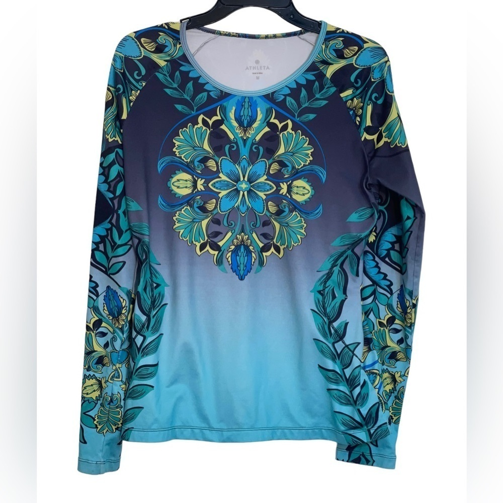 Athleta Runaway Paisley Activewear Teal Blue & Green LS Top Sz M - Picture 2 of 7